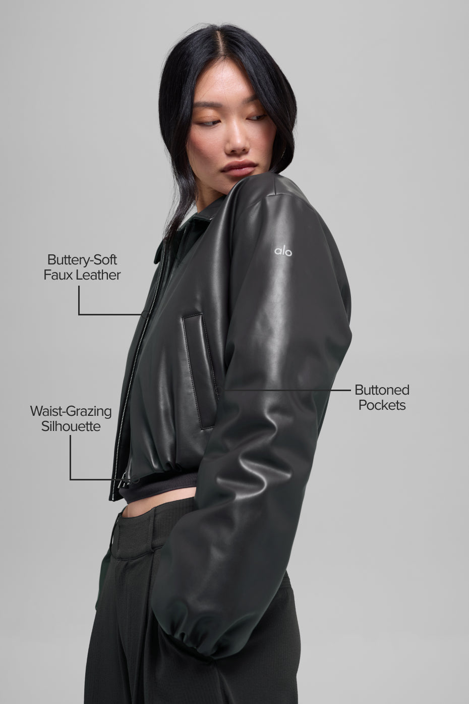 Alo Yoga Faux Leather Cropped Premier Bomber - Black