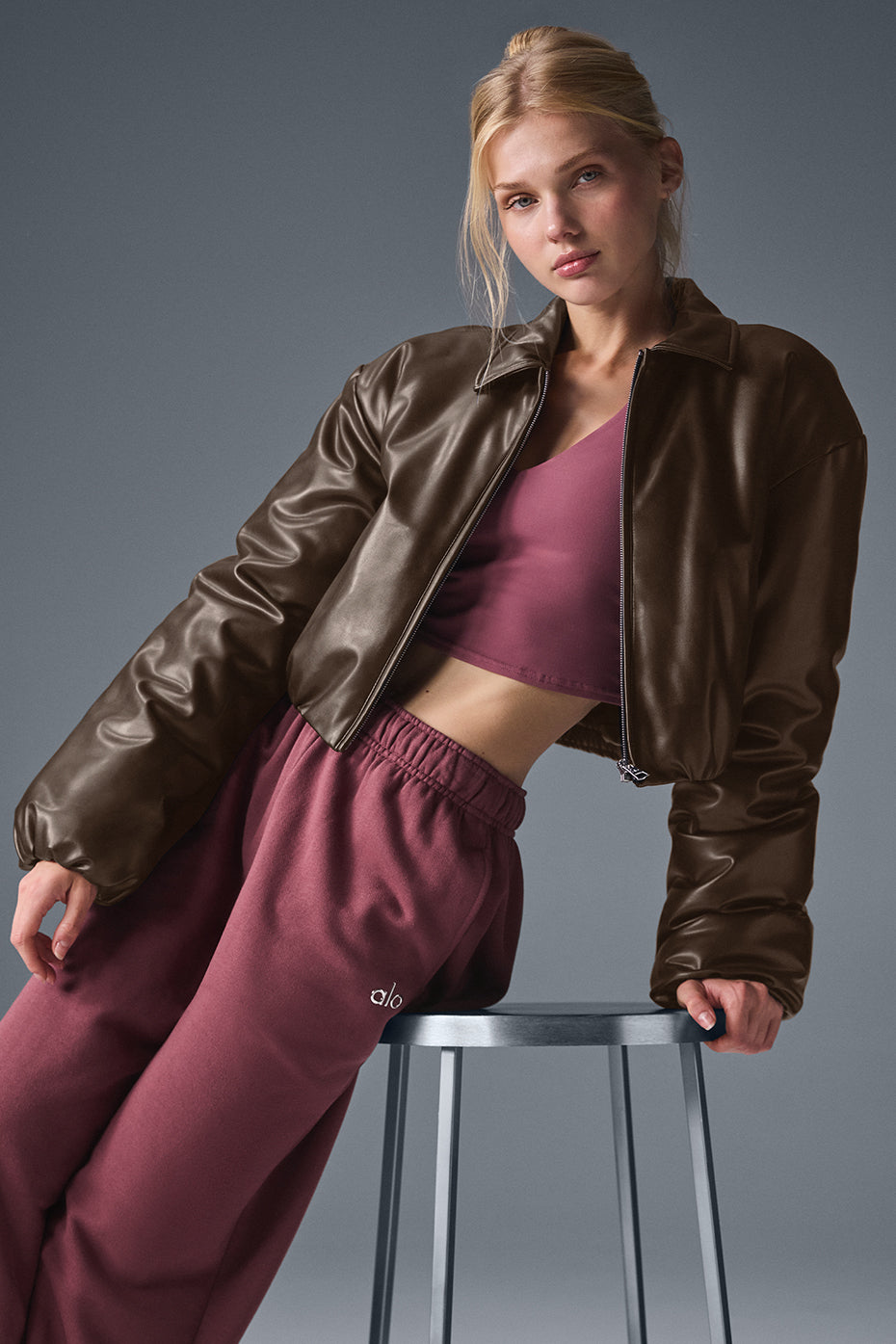 Alo Yoga Faux Leather Cropped Premier Bomber - Espresso
