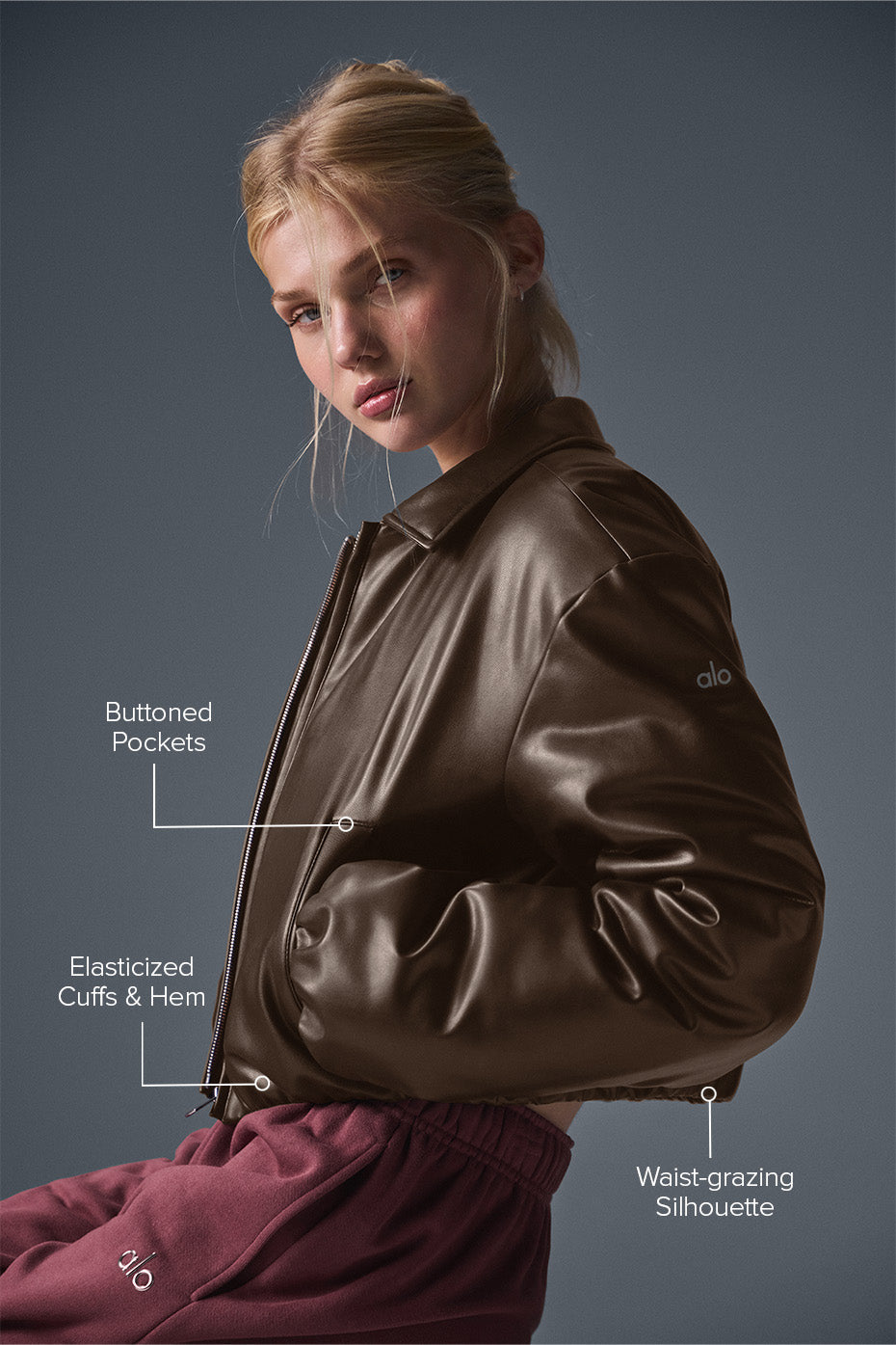 Alo Yoga Faux Leather Cropped Premier Bomber - Espresso