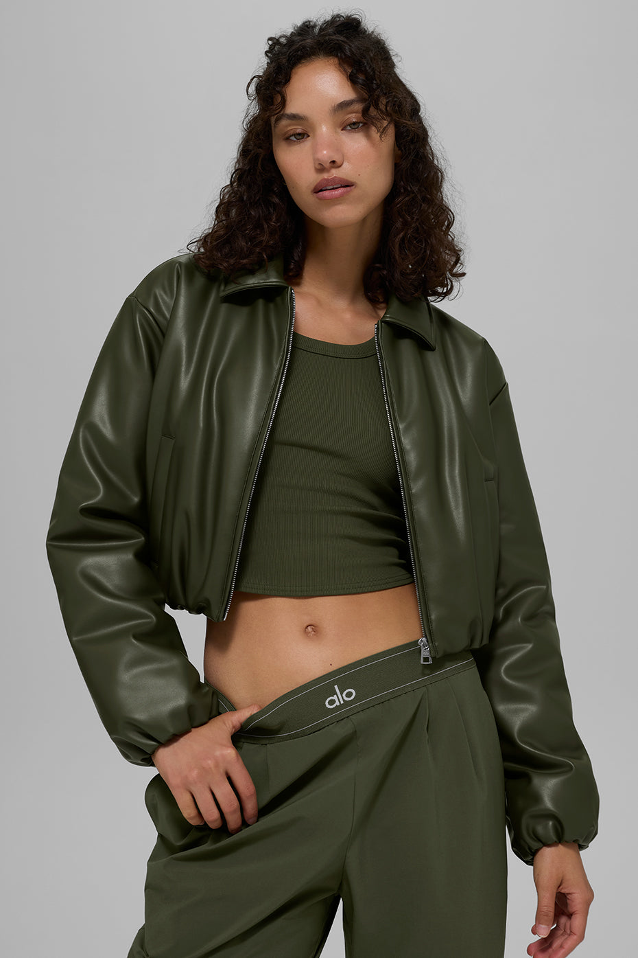 Alo Yoga Faux Leather Cropped Premier Bomber - Green Olive
