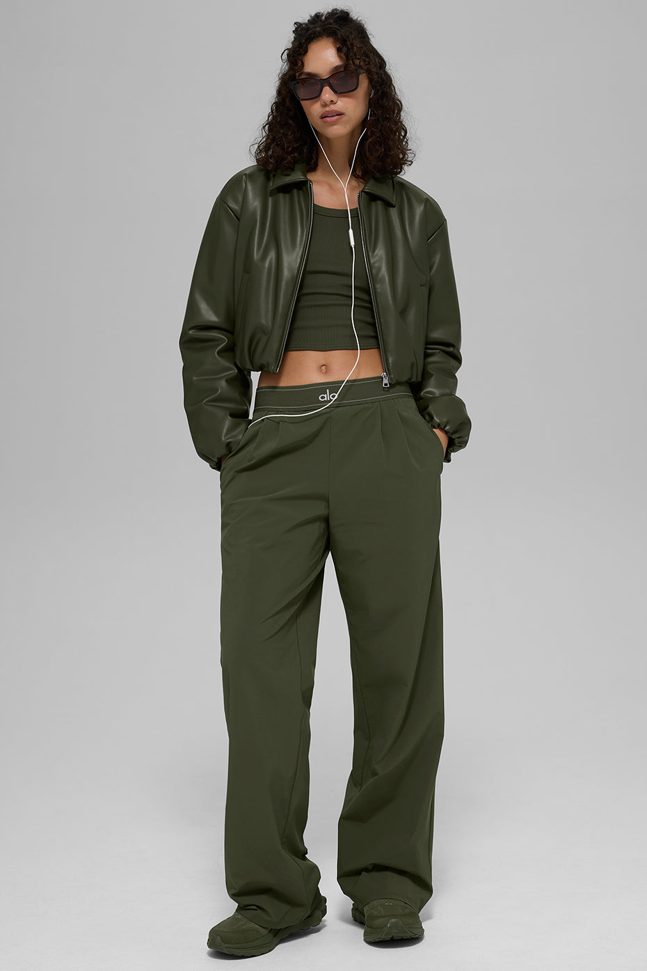 Alo Yoga Faux Leather Cropped Premier Bomber - Green Olive