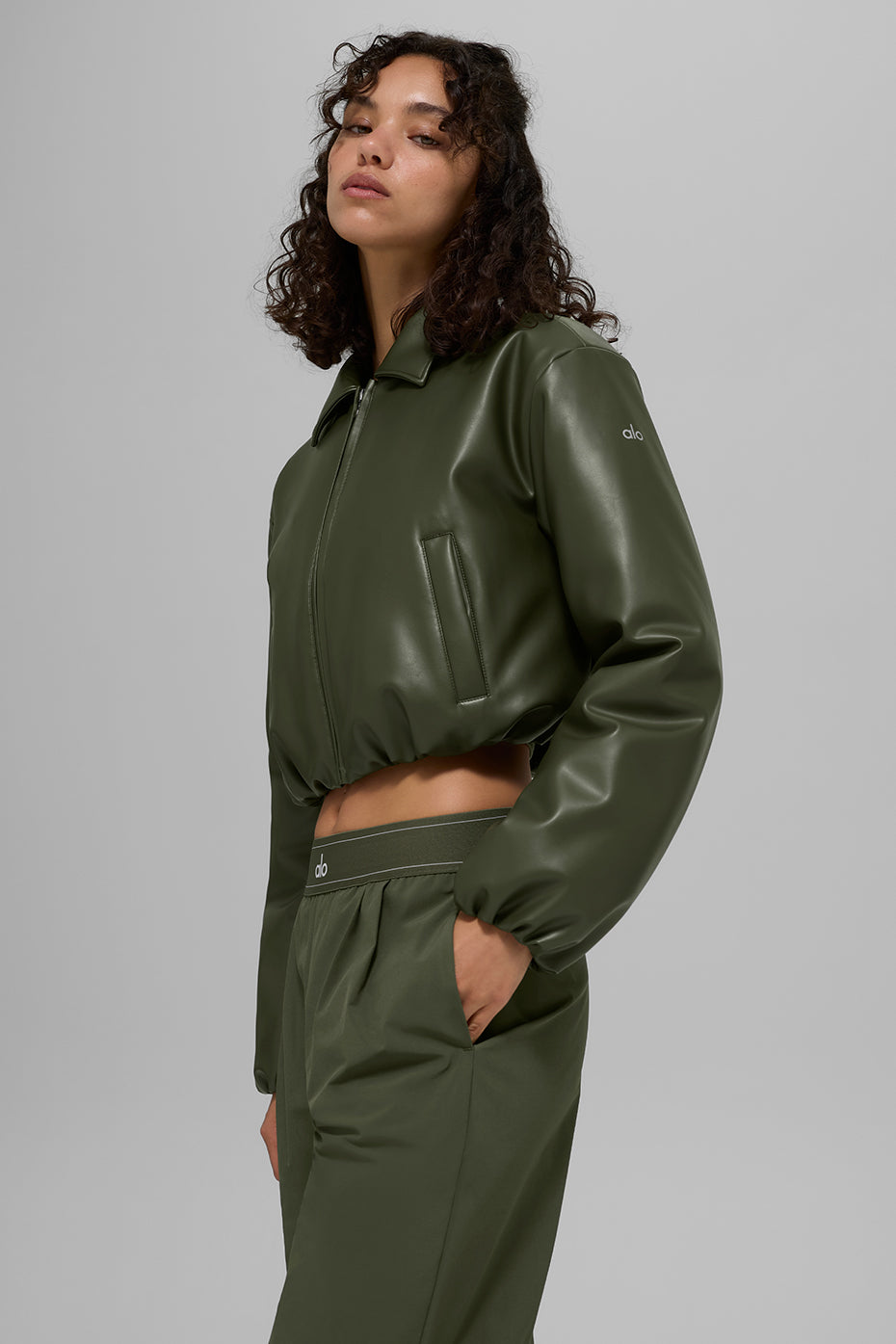 Alo Yoga Faux Leather Cropped Premier Bomber - Green Olive