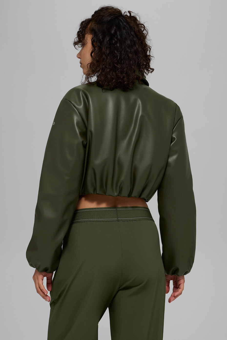 Alo Yoga Faux Leather Cropped Premier Bomber - Green Olive