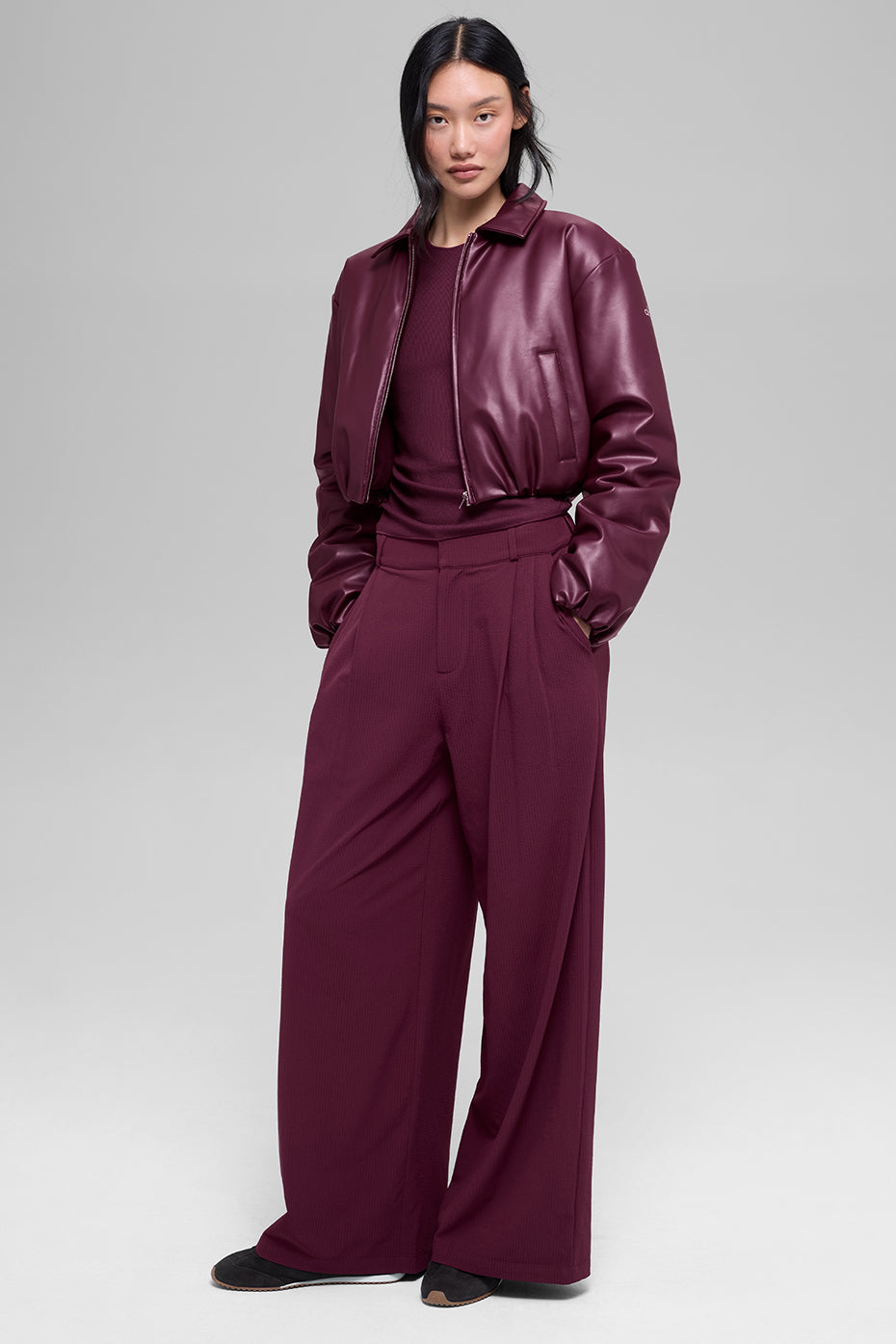 Alo Yoga Faux Leather Cropped Premier Bomber - Burgundy