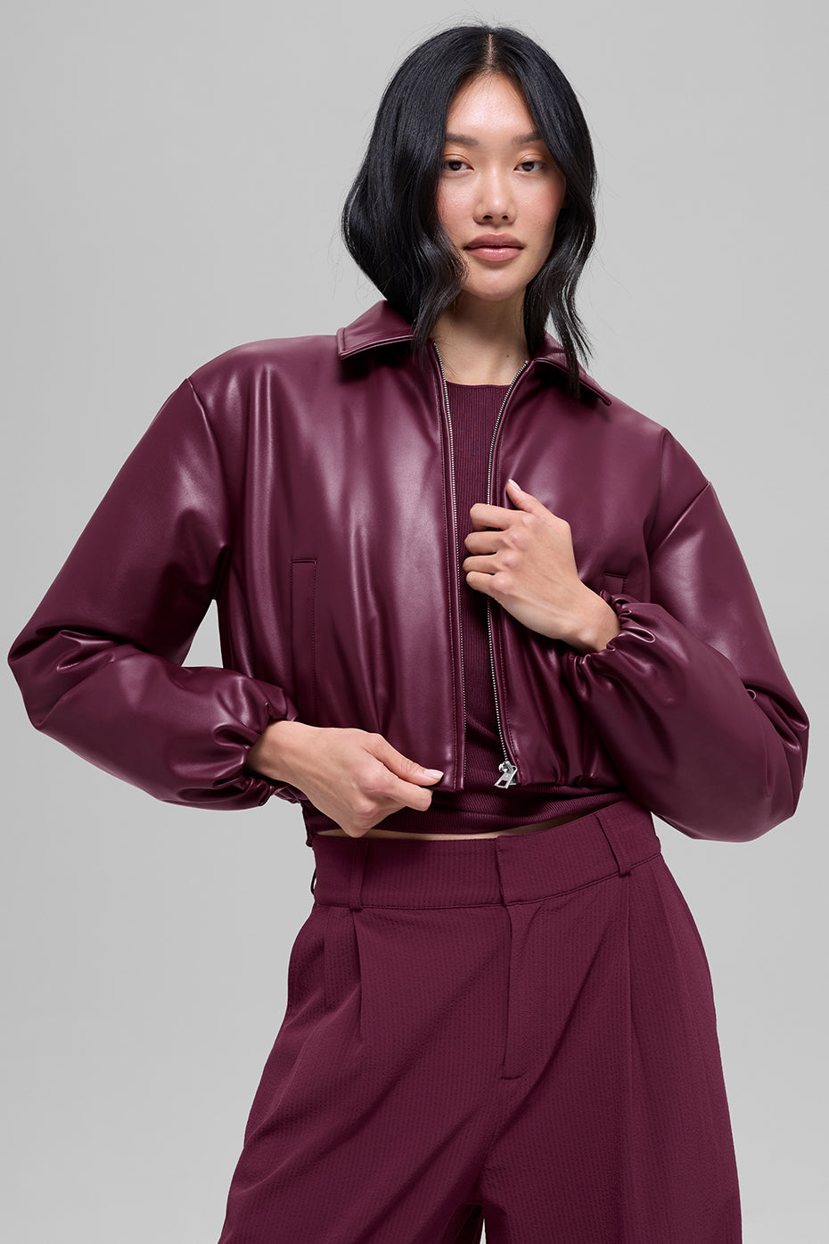 Alo Yoga Faux Leather Cropped Premier Bomber - Burgundy