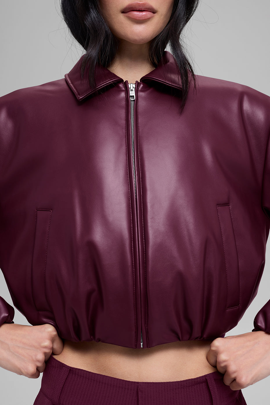 Alo Yoga Faux Leather Cropped Premier Bomber - Burgundy