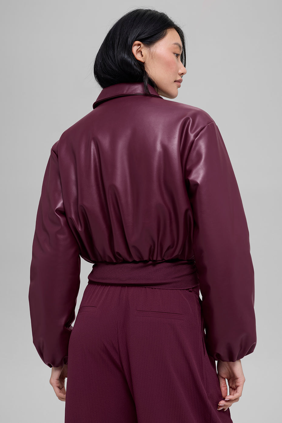 Alo Yoga Faux Leather Cropped Premier Bomber - Burgundy