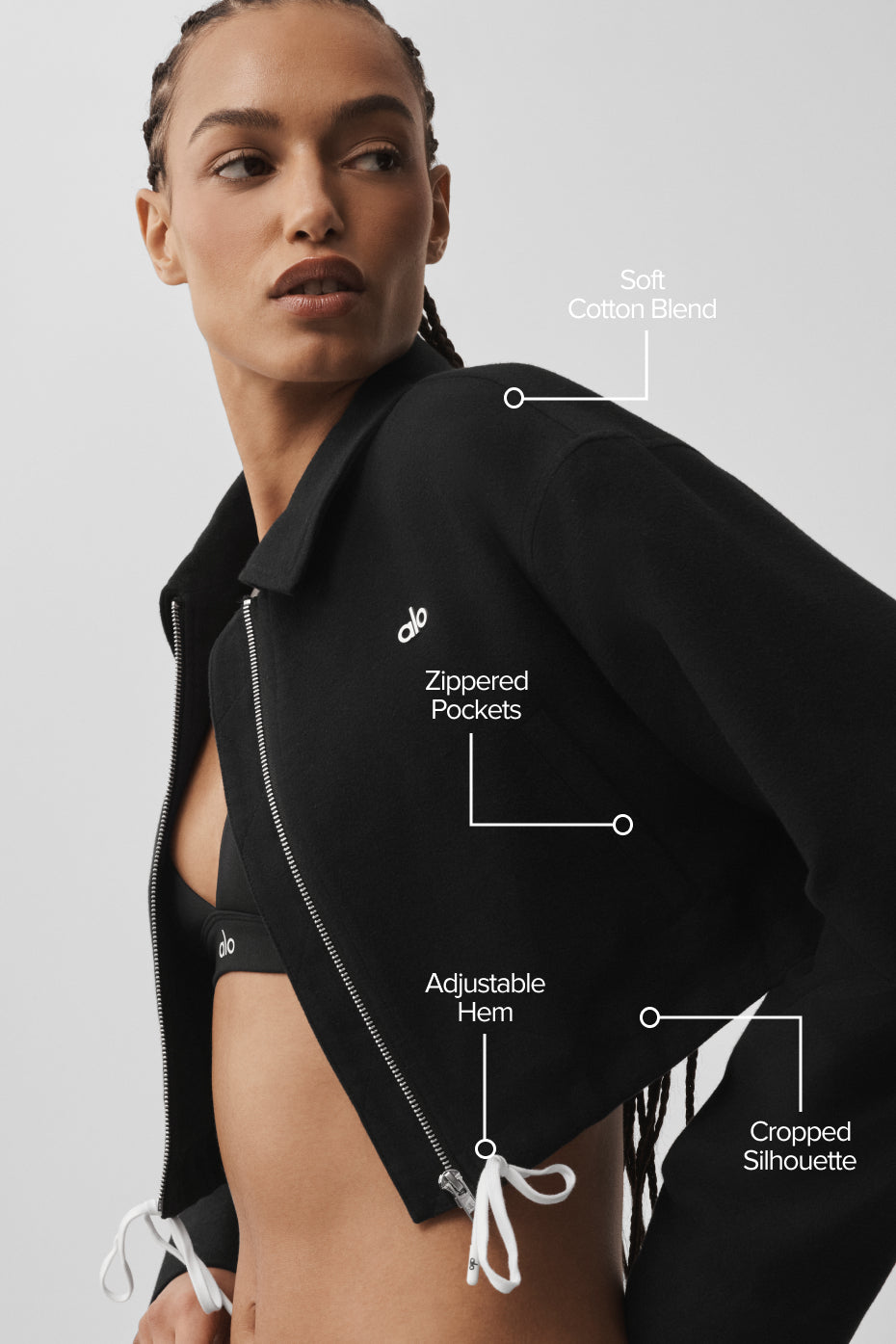 Alo Yoga Cropped Fan Favorite Full Zip Jacket - Black