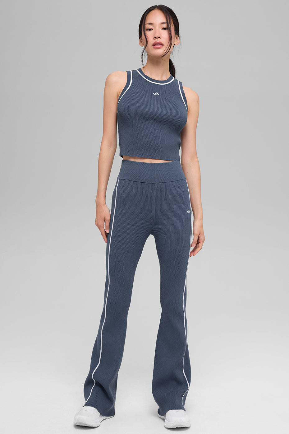 Alo Yoga Ribbed Sweater Knit Highline Flare Pant - Bluestone/White