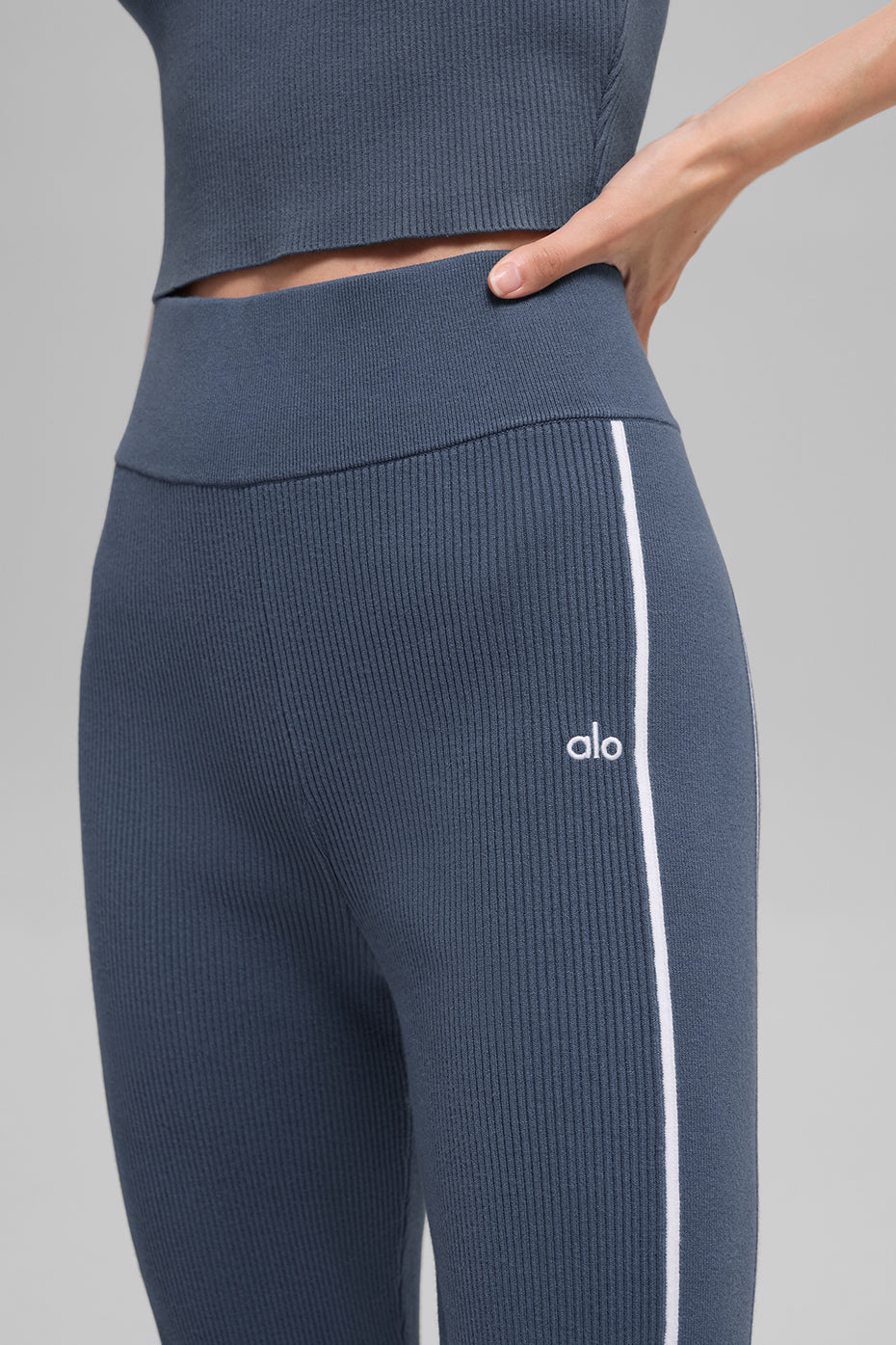 Alo Yoga Ribbed Sweater Knit Highline Flare Pant - Bluestone/White