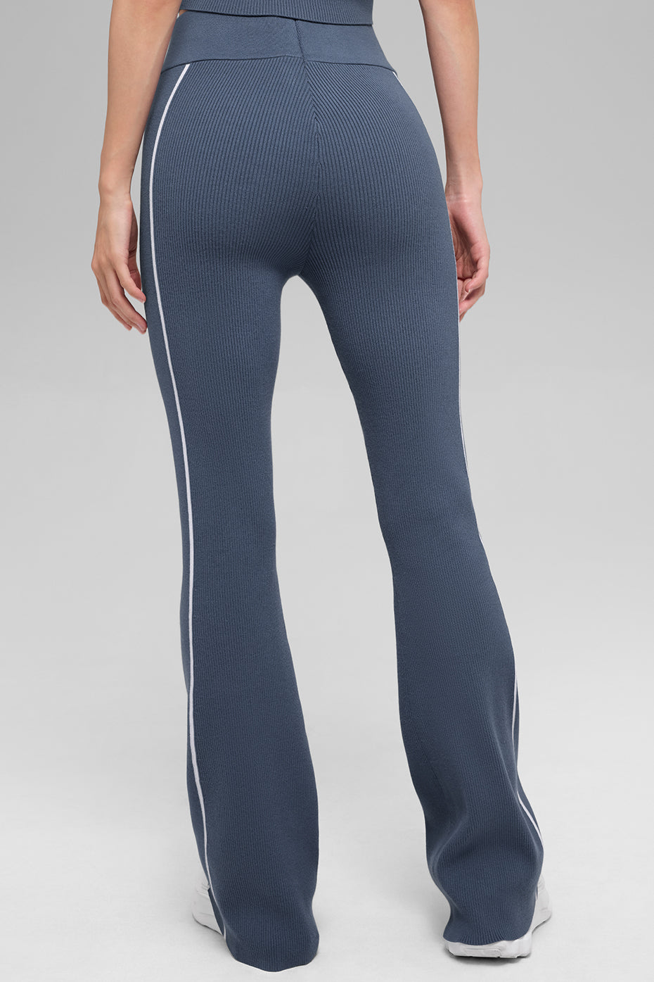 Alo Yoga Ribbed Sweater Knit Highline Flare Pant - Bluestone/White