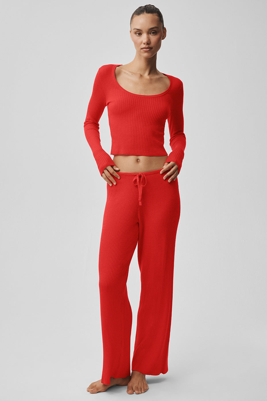 Alo Yoga Sweater Knit Mid-Rise Unwind Wide Leg Pant - Bright Red
