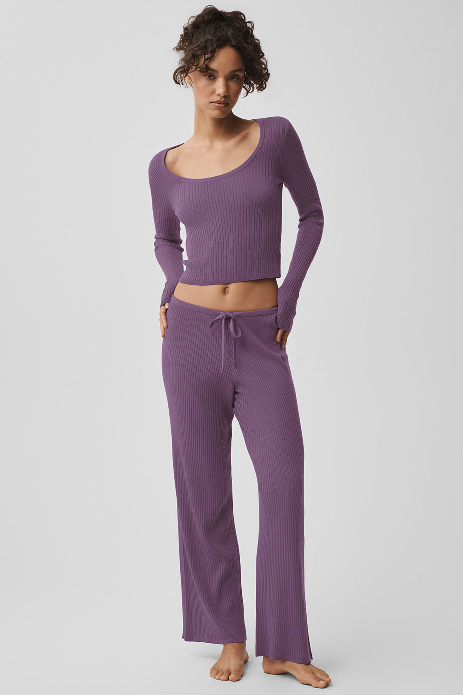 Alo Yoga Sweater Knit Mid-Rise Unwind Wide Leg Pant - Plum Kiss