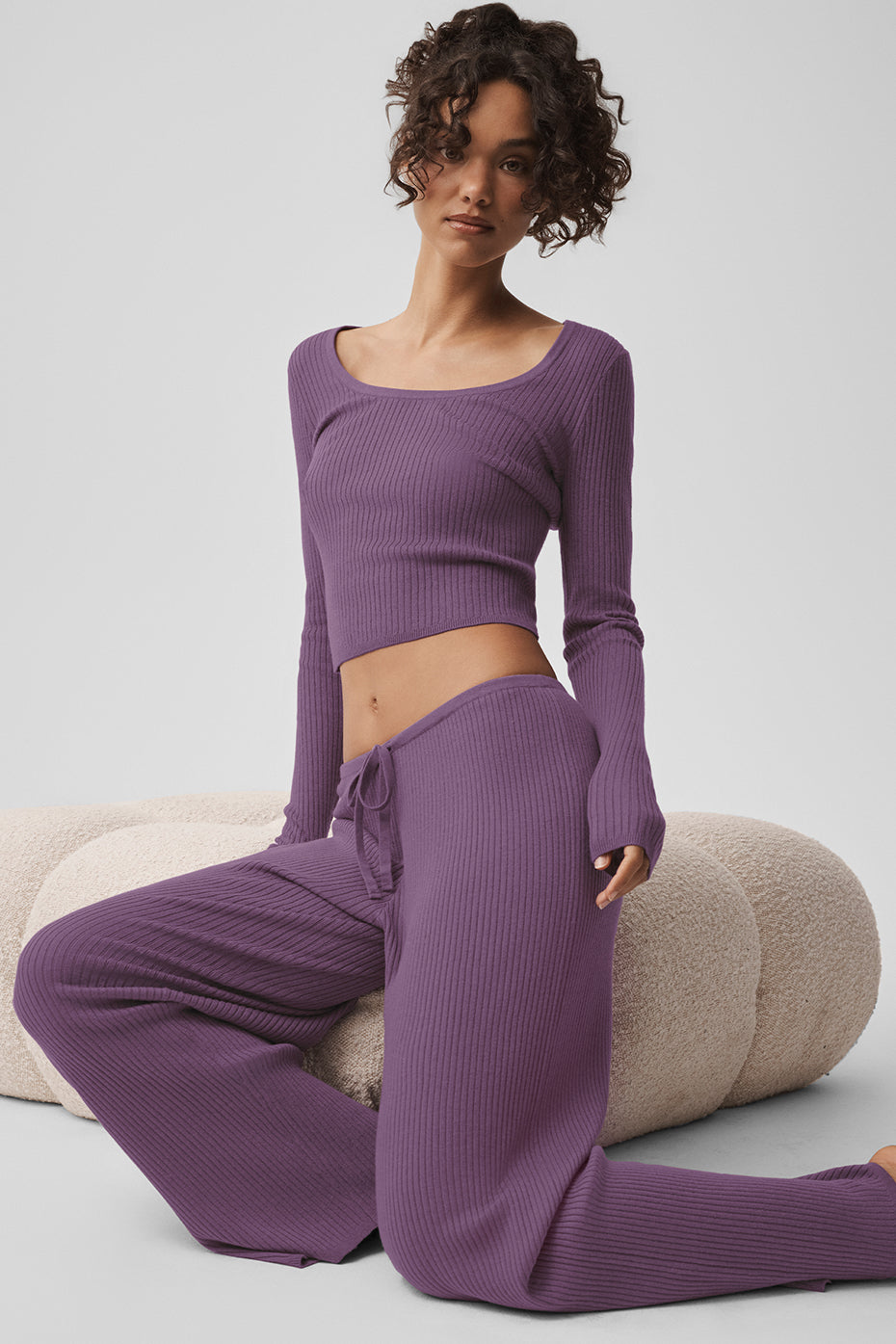 Alo Yoga Sweater Knit Mid-Rise Unwind Wide Leg Pant - Plum Kiss