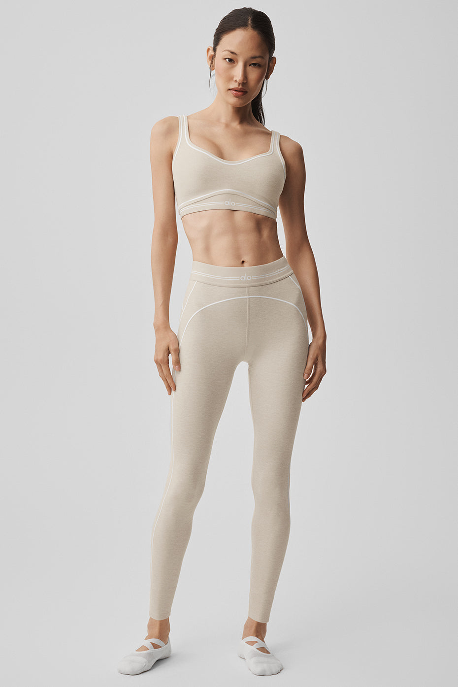 Alo Yoga 7/8 High-Waist Alosoft Heart Throb Legging - Oatmeal Heather/White