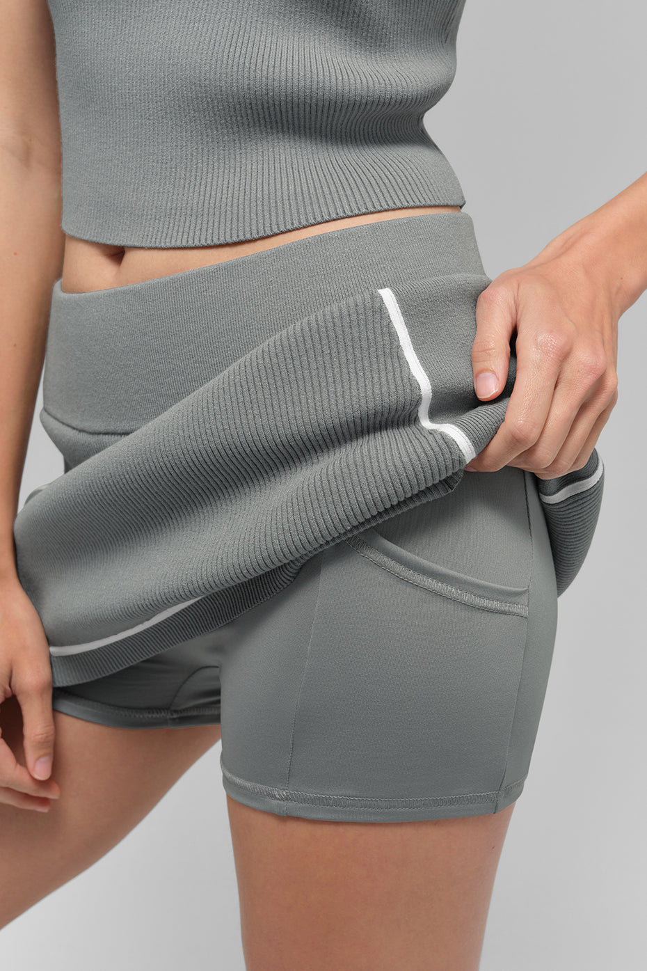 Alo Yoga Ribbed Sweater Knit Highline Mini Skirt - Lunar Grey/White