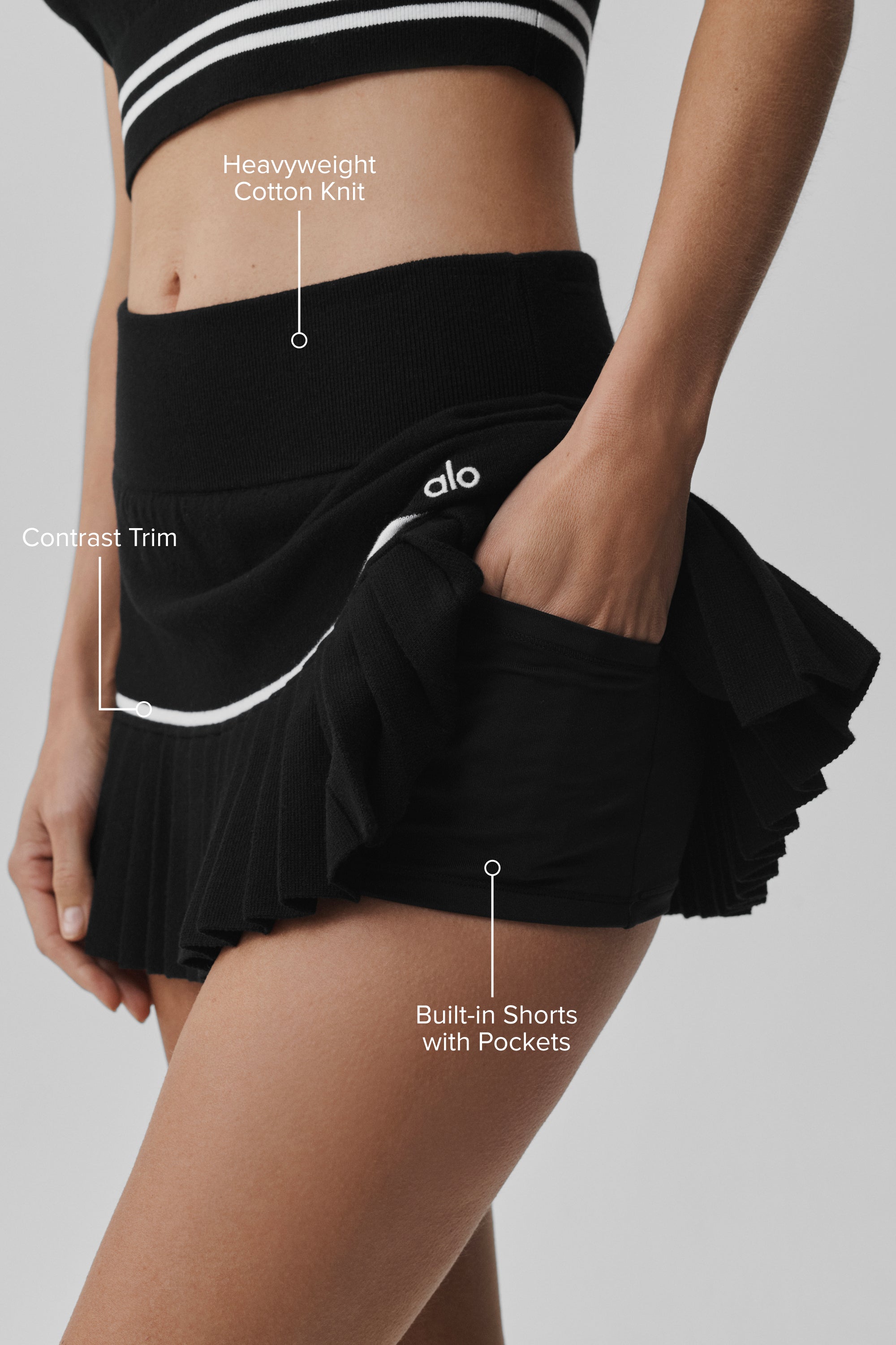 Alo Yoga Scholar Knit High-Waist My Serve Tennis Skirt - Black/White