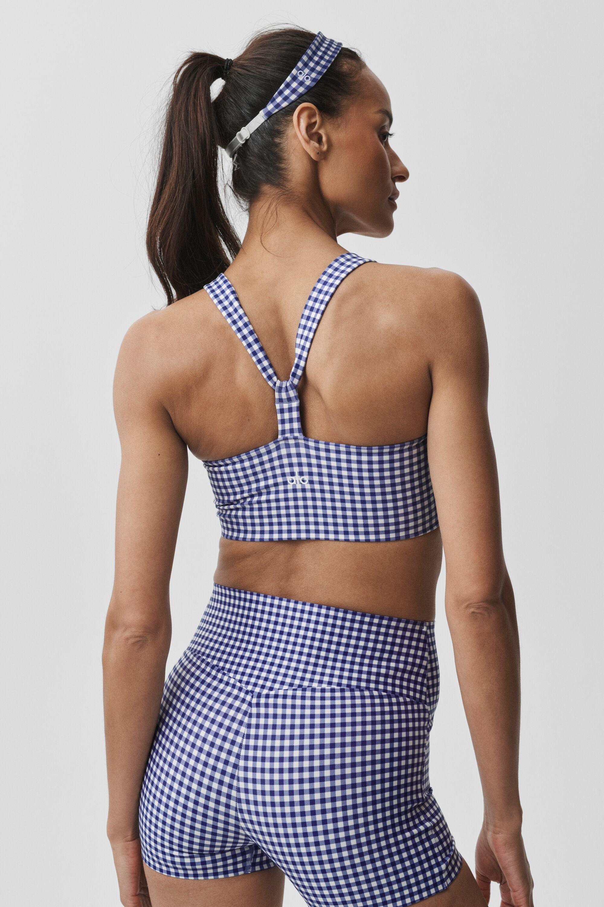 Alo Yoga Airlift Gingham Sleek Bra Tank - Navy Gingham
