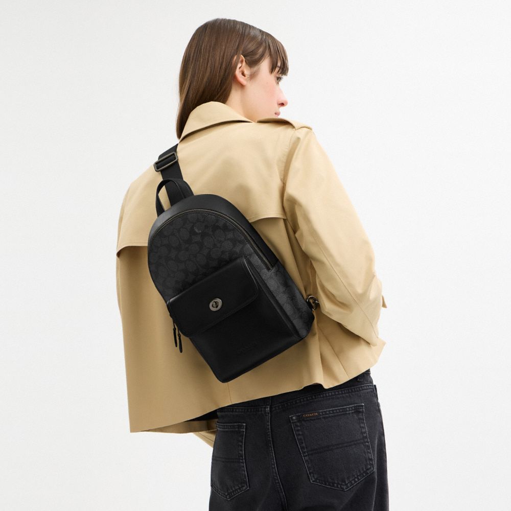 Coach Turnlock Sling Pack In Signature Canvas Gunmetal Charcoal Black