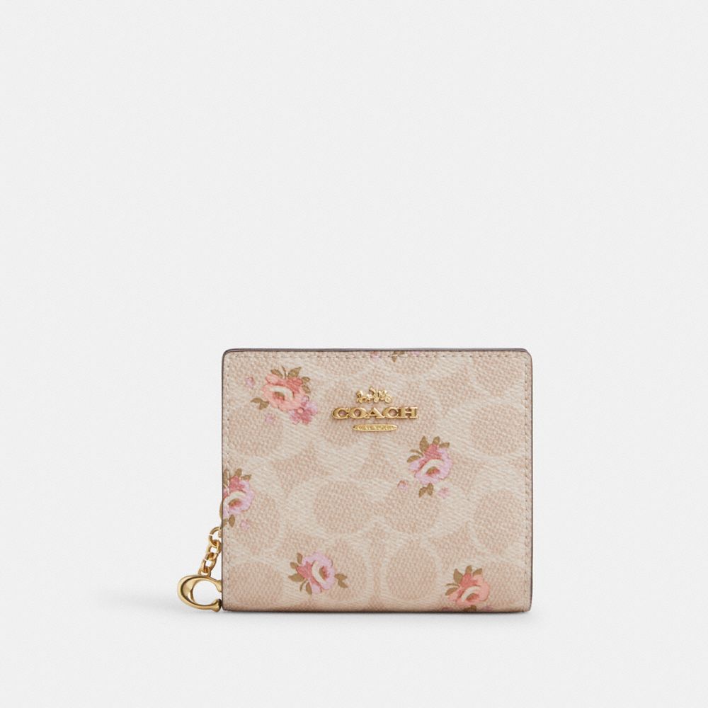 Coach Snap Wallet In Signature Canvas With Floral Print Gold Sand Multi