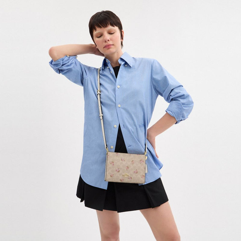 Coach Slim Crossbody Bag In Signature Canvas With Floral Print Gold Sand Multi