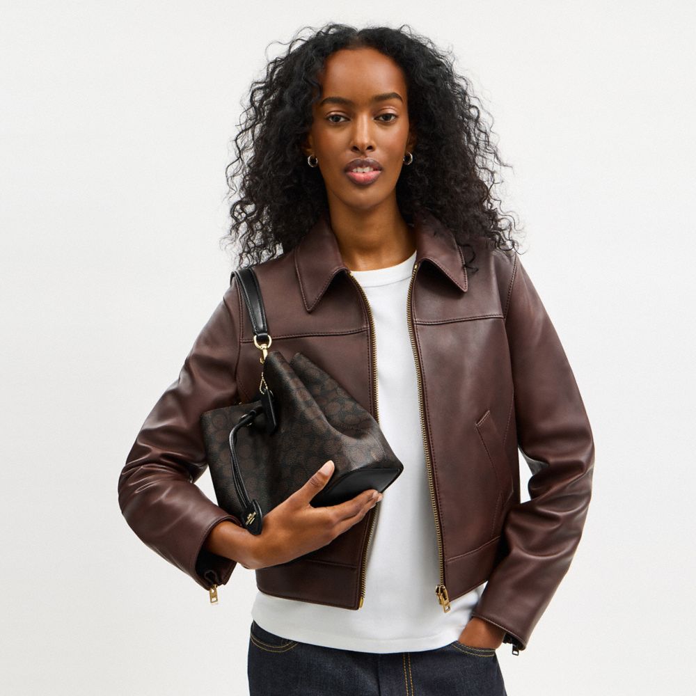Coach Rowan Bucket Bag In Signature Canvas Gold Walnut Black