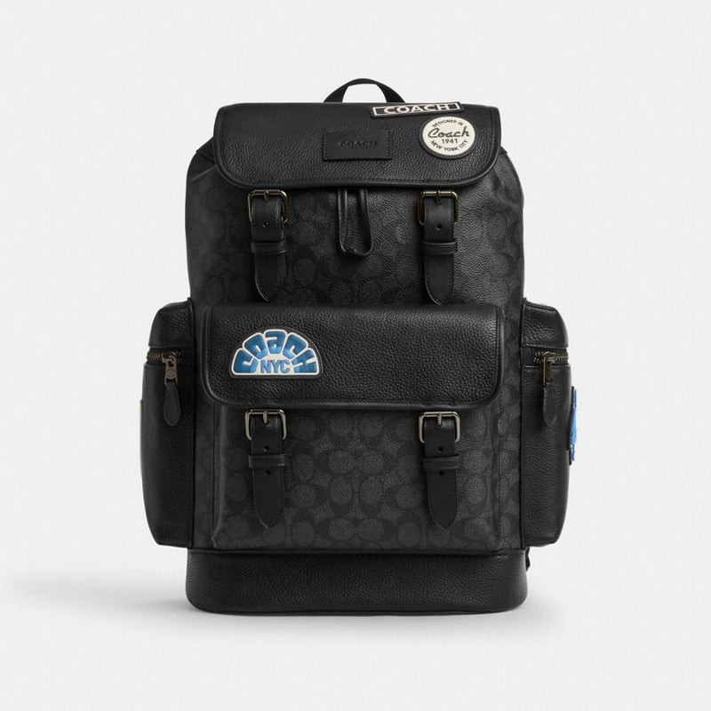 Coach Sprint Backpack In Signature Canvas With Patches Gunmetal Charcoal Multi