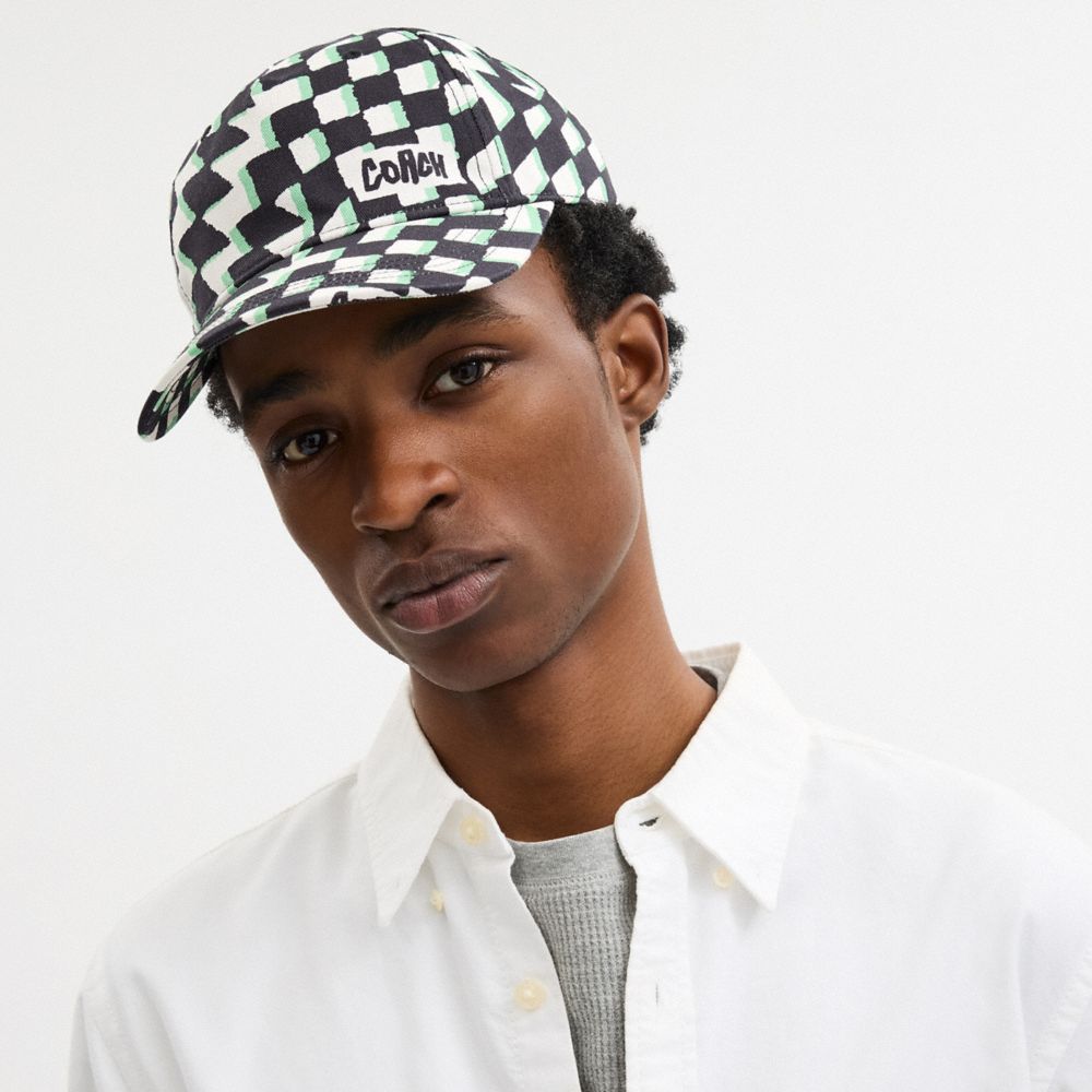 Coach Surfer Geo Check Print Baseball Hat Green