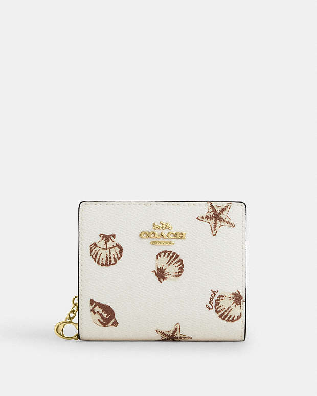 Coach Snap Wallet With Shell Print Coated Canvas-Gold-Chalk Multi