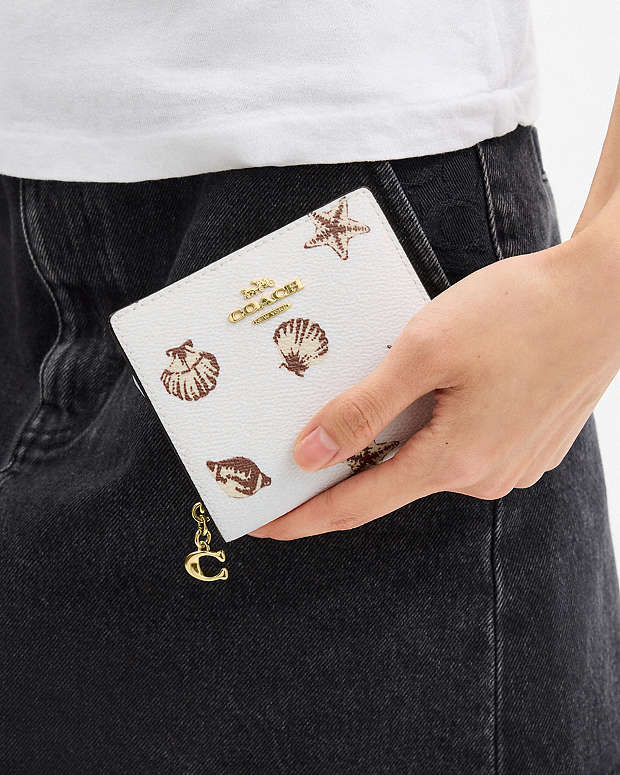 Coach Snap Wallet With Shell Print Coated Canvas-Gold-Chalk Multi