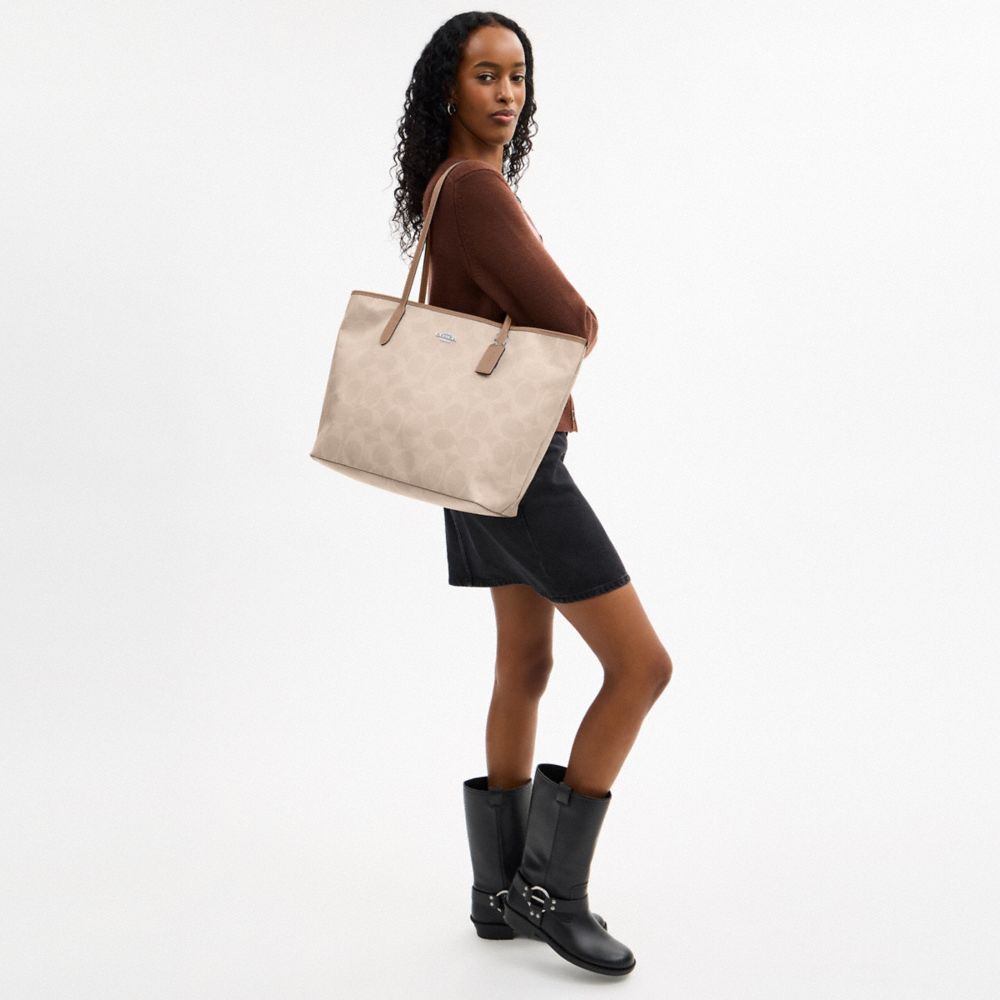 Coach Large City Tote Bag In Maxi Signature Canvas Silver Sand Taupe