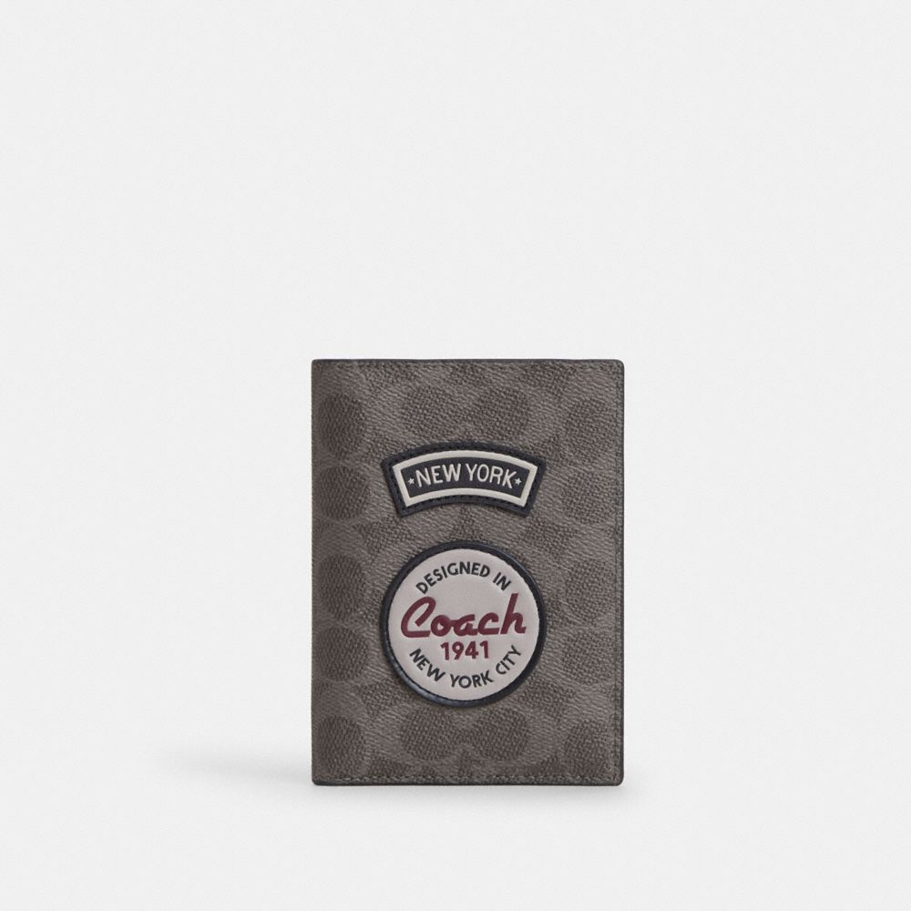 Coach Passport Card Case In Signature Canvas With Patches Gunmetal Grey Multi