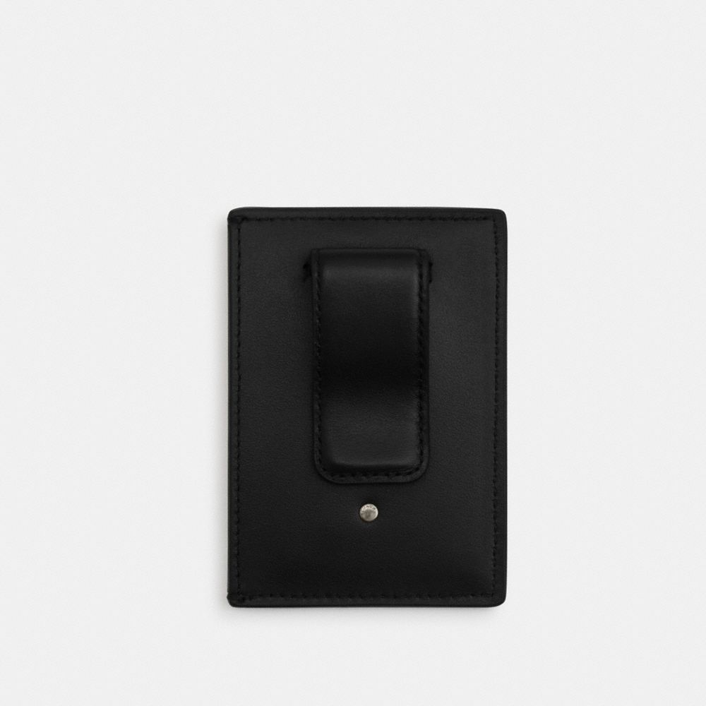Coach Card Case With Money Clip In Signature Canvas Gunmetal Charcoal Black