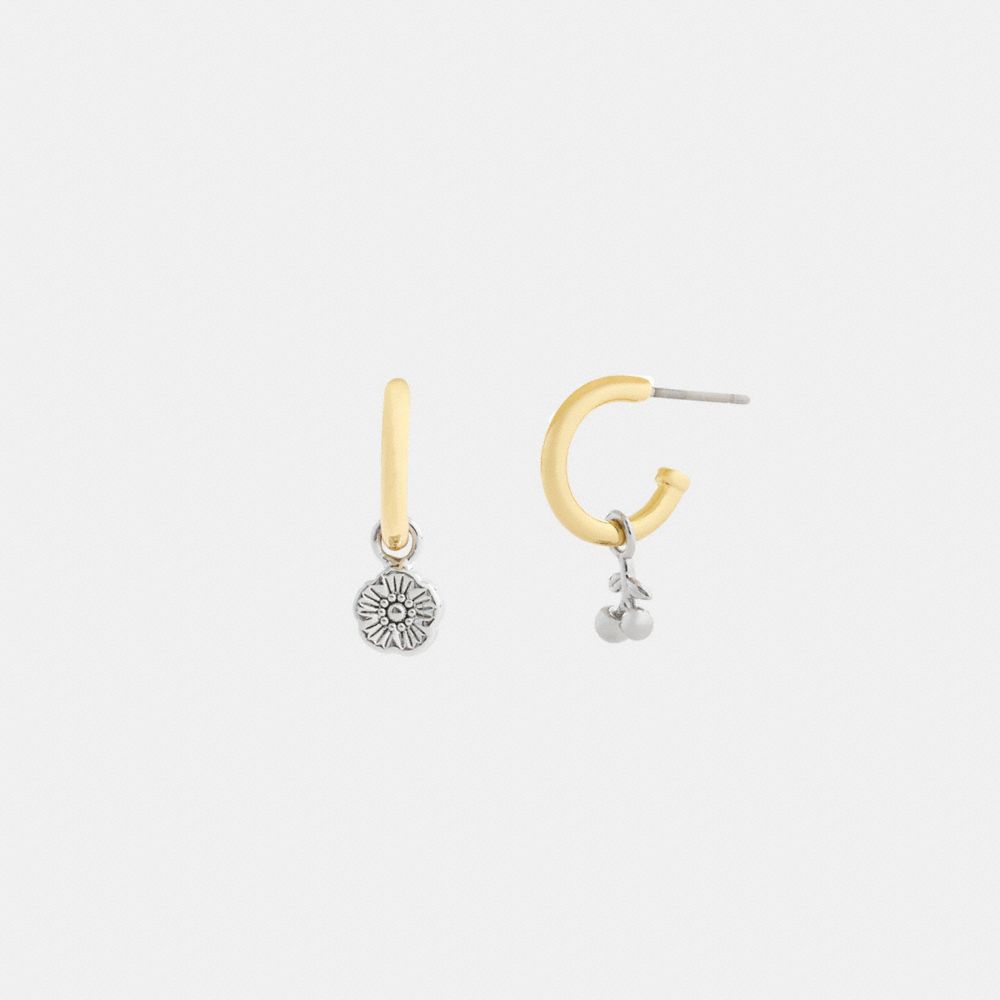 Coach Mini Tea Rose And Cherry Charm Hoop Earrings Gold Silver