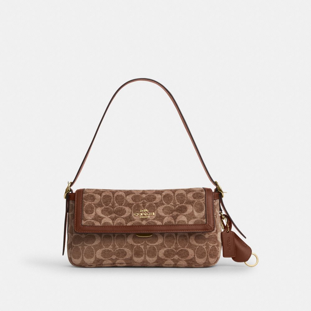 Coach Etta Small Flap Shoulder Bag In Signature Chenille Gold Light Khaki Vintage Brown