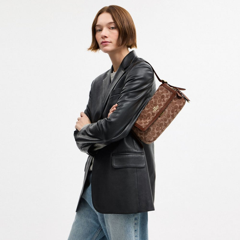 Coach Etta Small Flap Shoulder Bag In Signature Chenille Gold Light Khaki Vintage Brown