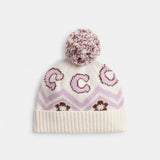 Coach Fair Isle Print Knit Beanie Chalk Multi