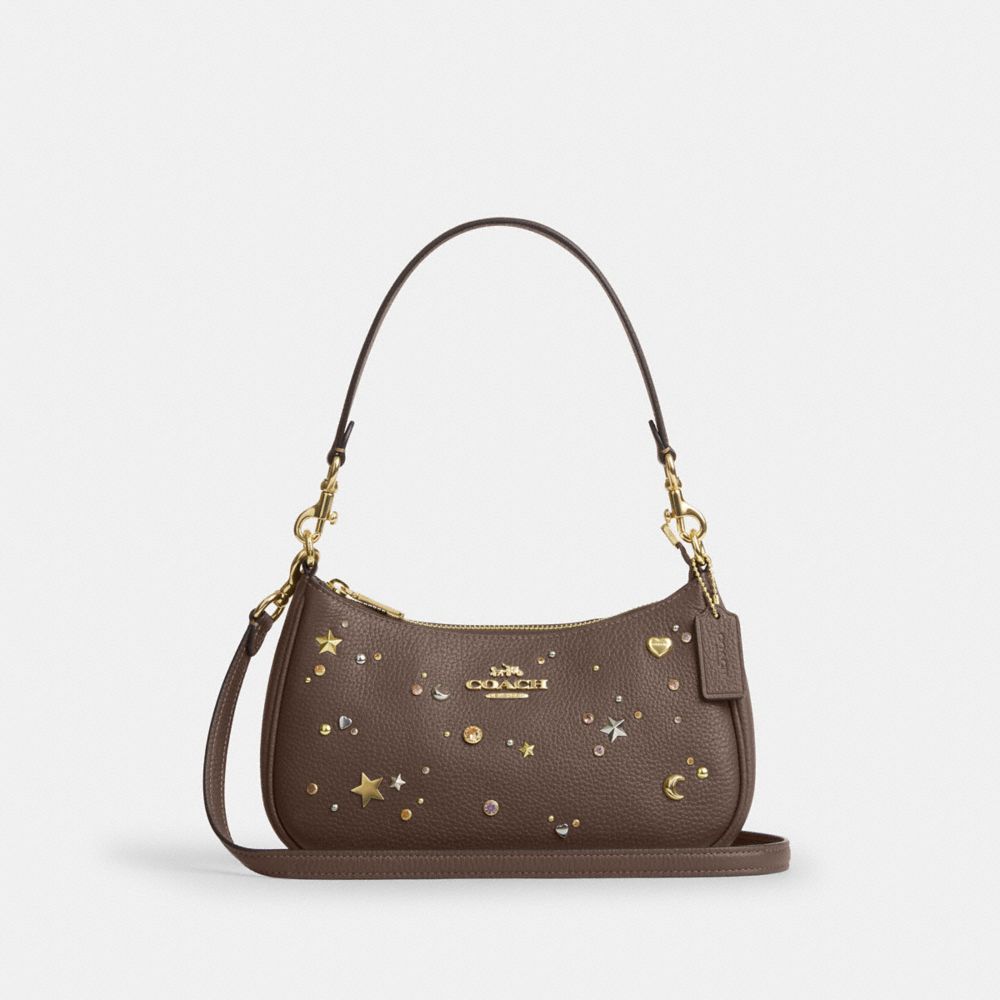 Coach Teri Shoulder Bag With Rivets Gold Dark Stone