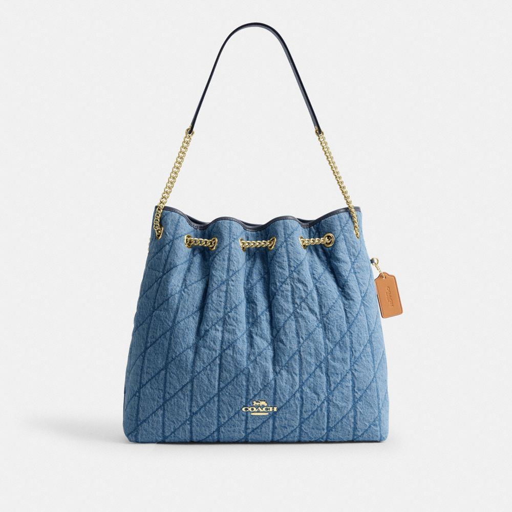Coach Evelyn Large Shoulder Bag In Regenerative Cotton With Quilting Gold Indigo