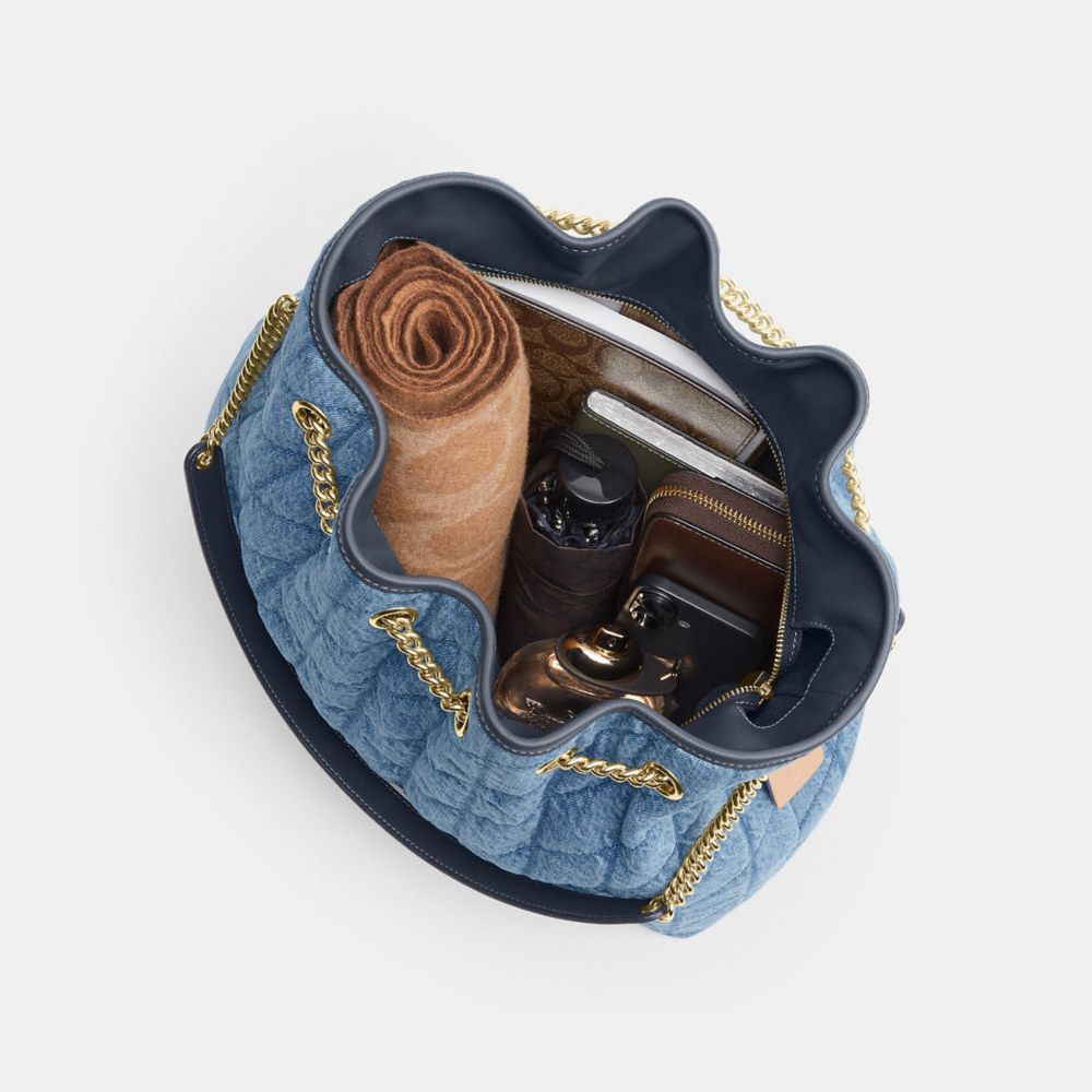 Coach Evelyn Large Shoulder Bag In Regenerative Cotton With Quilting Gold Indigo