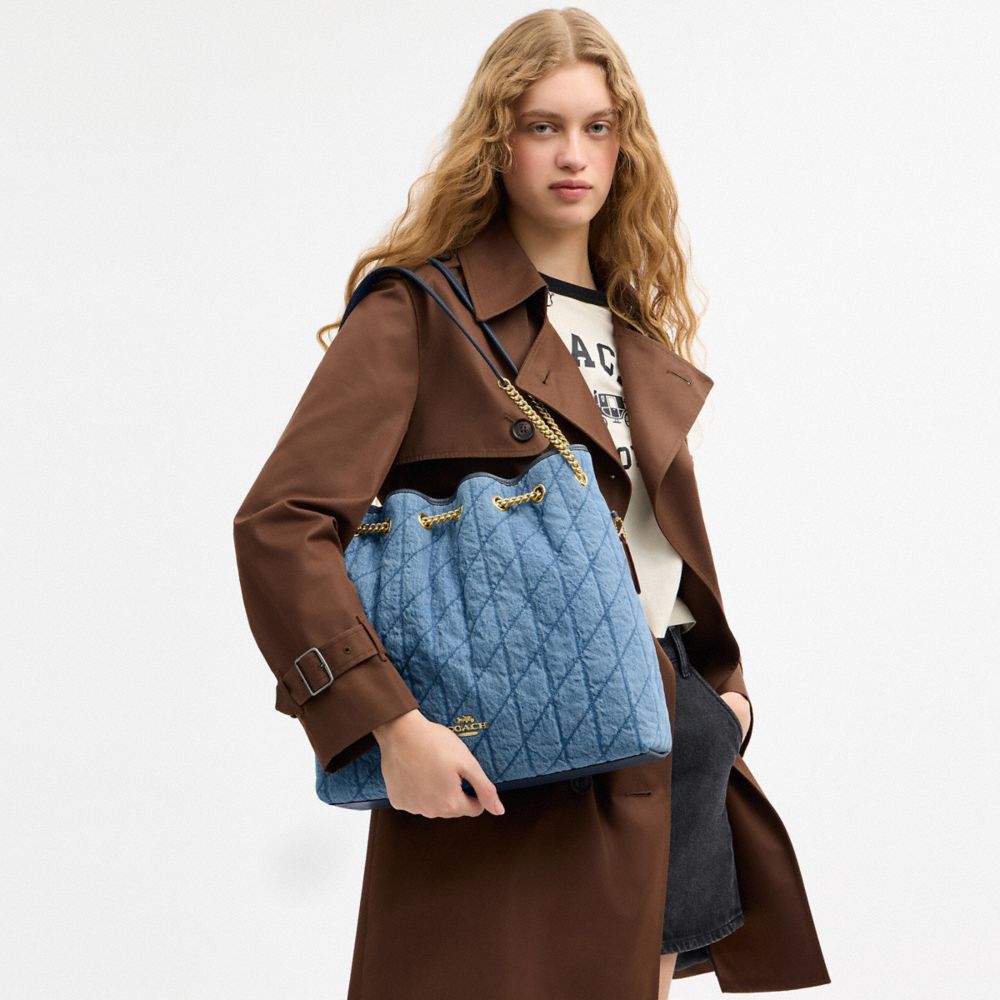 Coach Evelyn Large Shoulder Bag In Regenerative Cotton With Quilting Gold Indigo