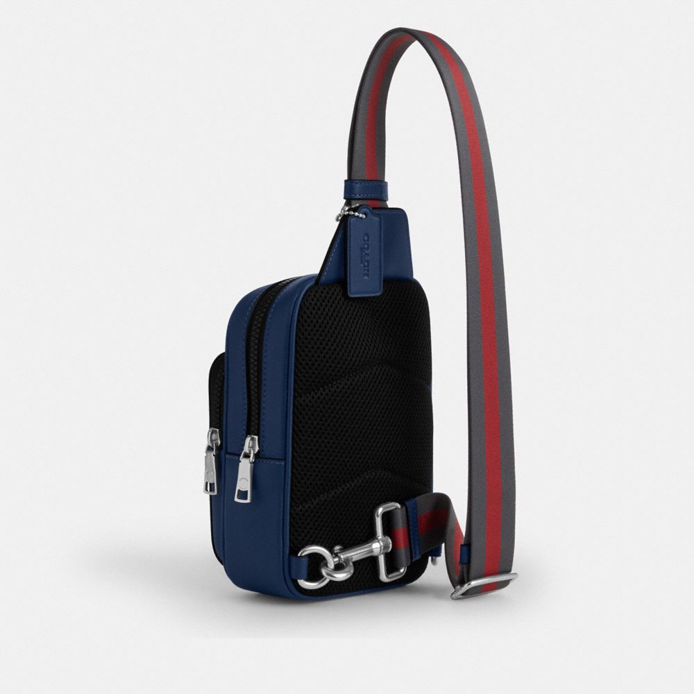 Coach Racer Sling Pack With Varsity Stripe Webbing Silver Deep Blue Multi