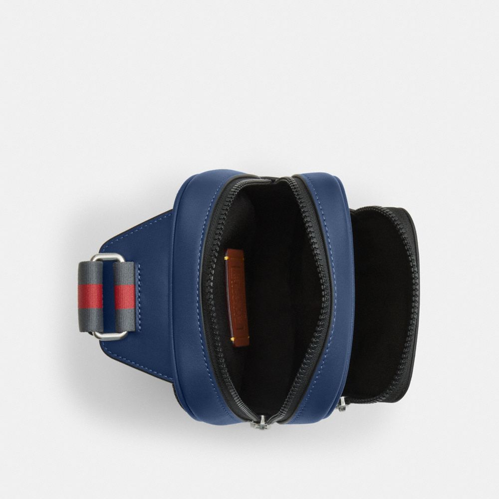 Coach Racer Sling Pack With Varsity Stripe Webbing Silver Deep Blue Multi