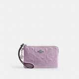 Coach Corner Zip Wristlet In Signature Leather With Heart Charm Silver Light Violet