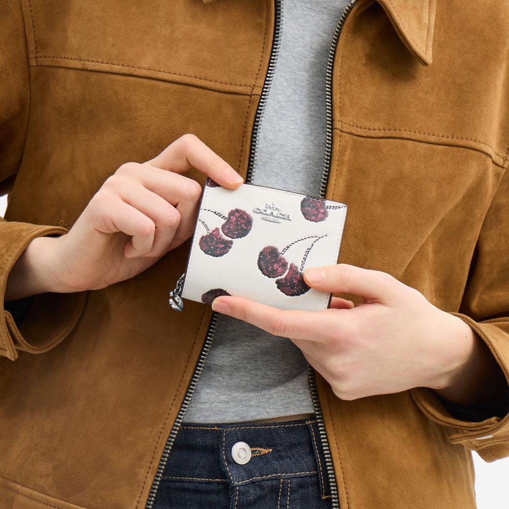 Coach Snap Wallet With Cherry Print Silver Chalk Multi