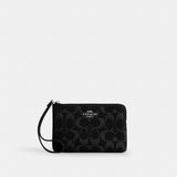 Coach Corner Zip Wristlet In Signature Denim Silver Black