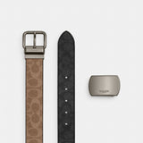 Coach Boxed Roller Buckle Cut To Size Reversible Belt, 38 Mm Gunmetal Tan Charcoal