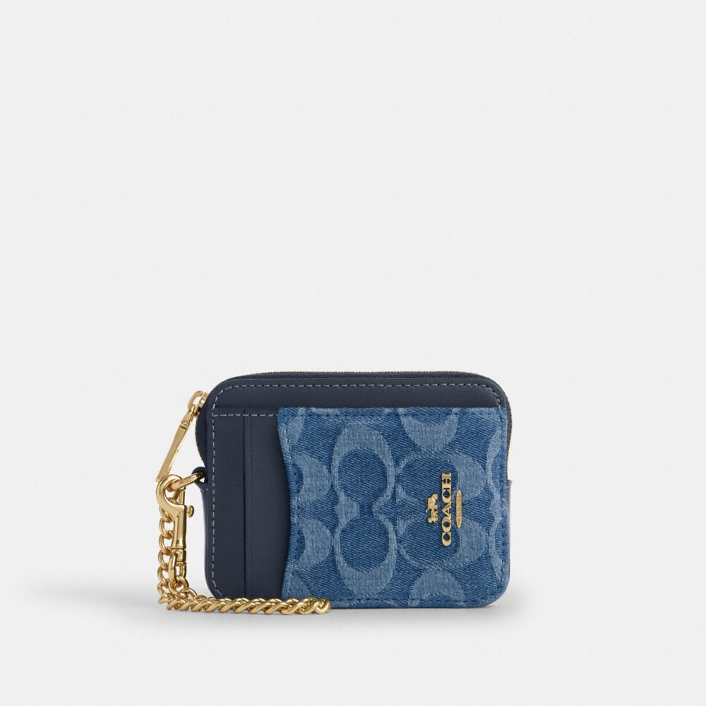 Coach Zip Card Case In Signature Denim Gold Indigo