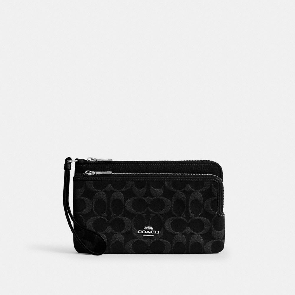 Coach Double Zip Wallet In Signature Denim Silver Black