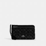 Coach Double Zip Wallet In Signature Denim Silver Black